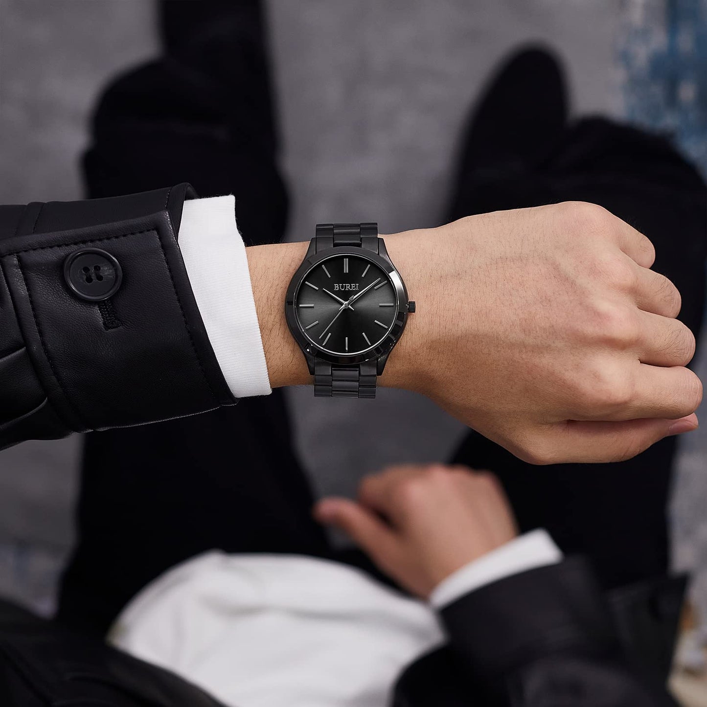BUREI Men Watches All Black Fashion Business Stainless Steel Analog Quartz Waterproof Watches for Mens,Gifts for Men (All Black)