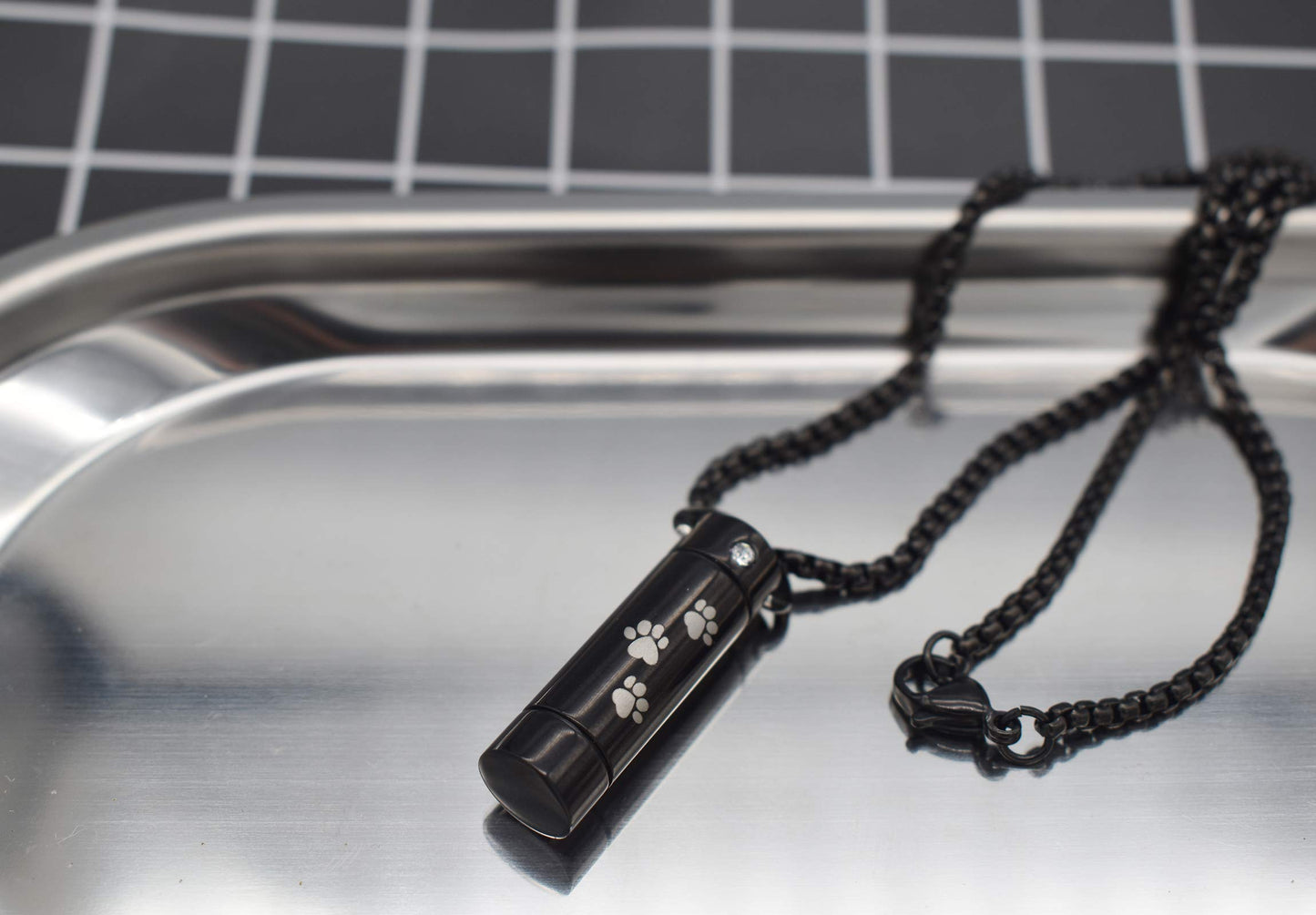 Suxerlry Tube Pendant Ashes Urn Necklace Keepsake Black Cremation Memorial Stainless Steel Jewelry (Paw)