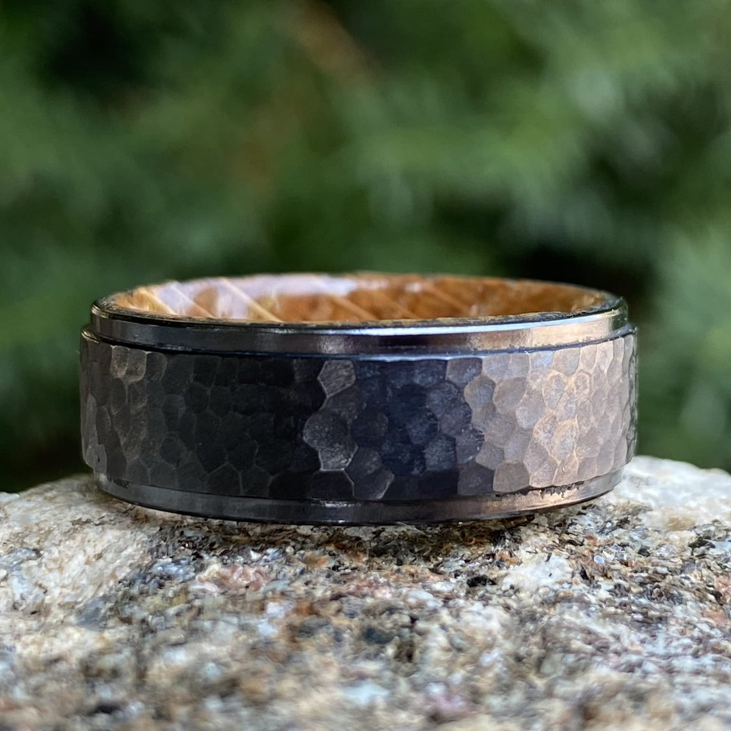 Whiskey Barrel and Treebark Black Titanium Wedding Ring