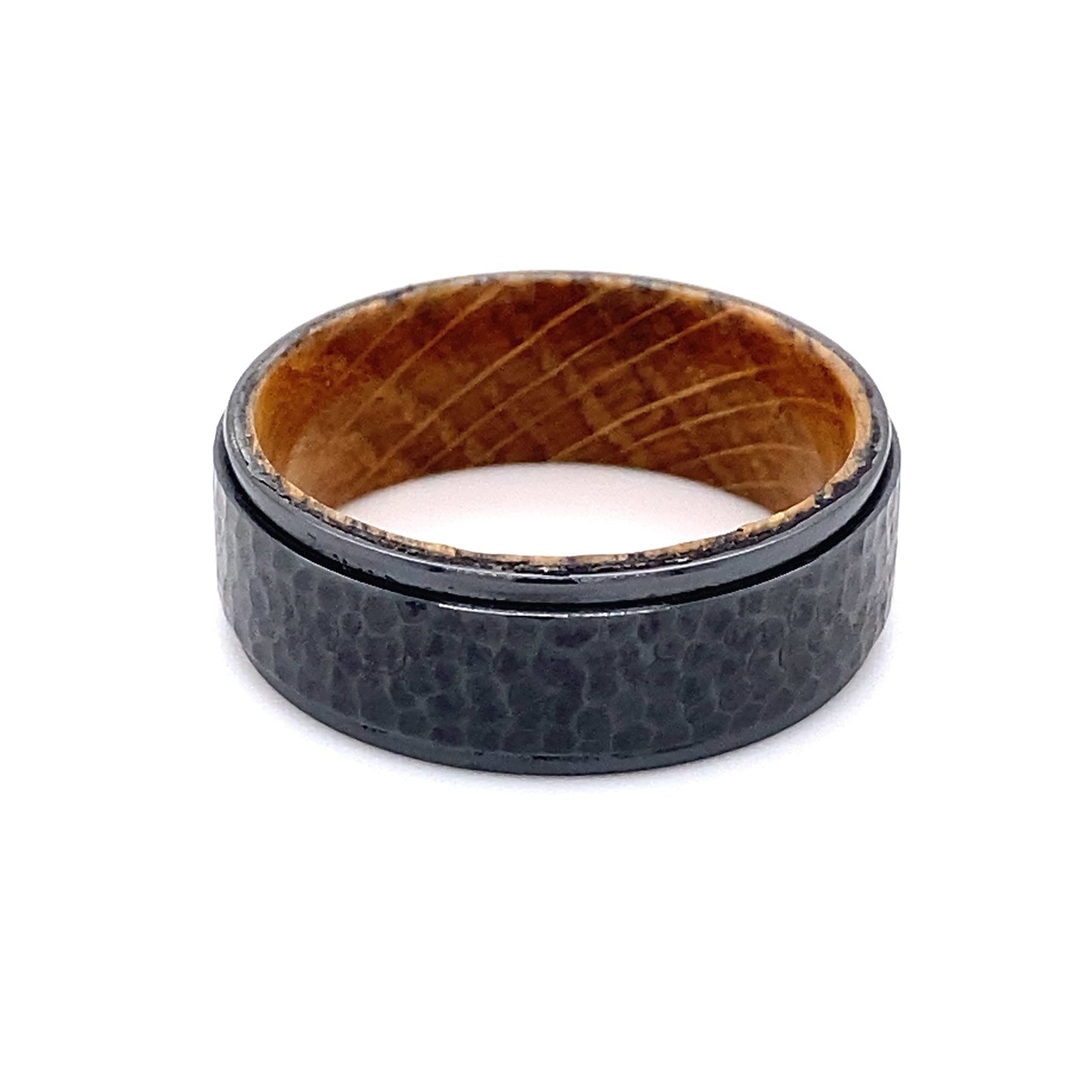 Whiskey Barrel and Treebark Black Titanium Wedding Ring