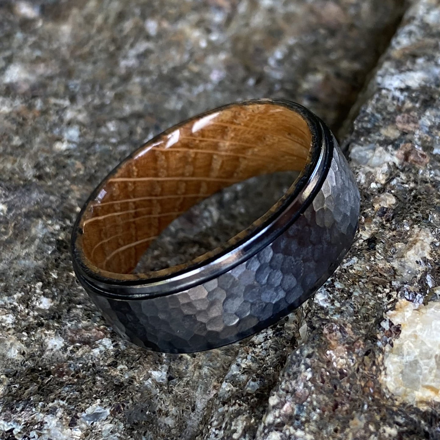 Whiskey Barrel and Treebark Black Titanium Wedding Ring