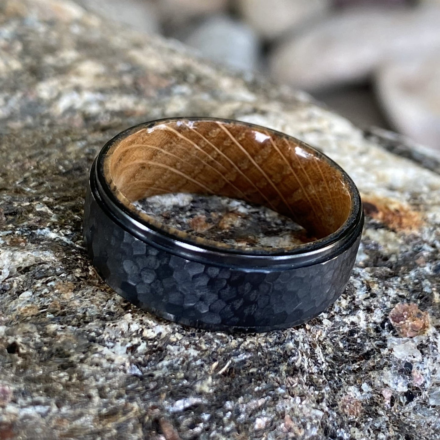 Whiskey Barrel and Treebark Black Titanium Wedding Ring