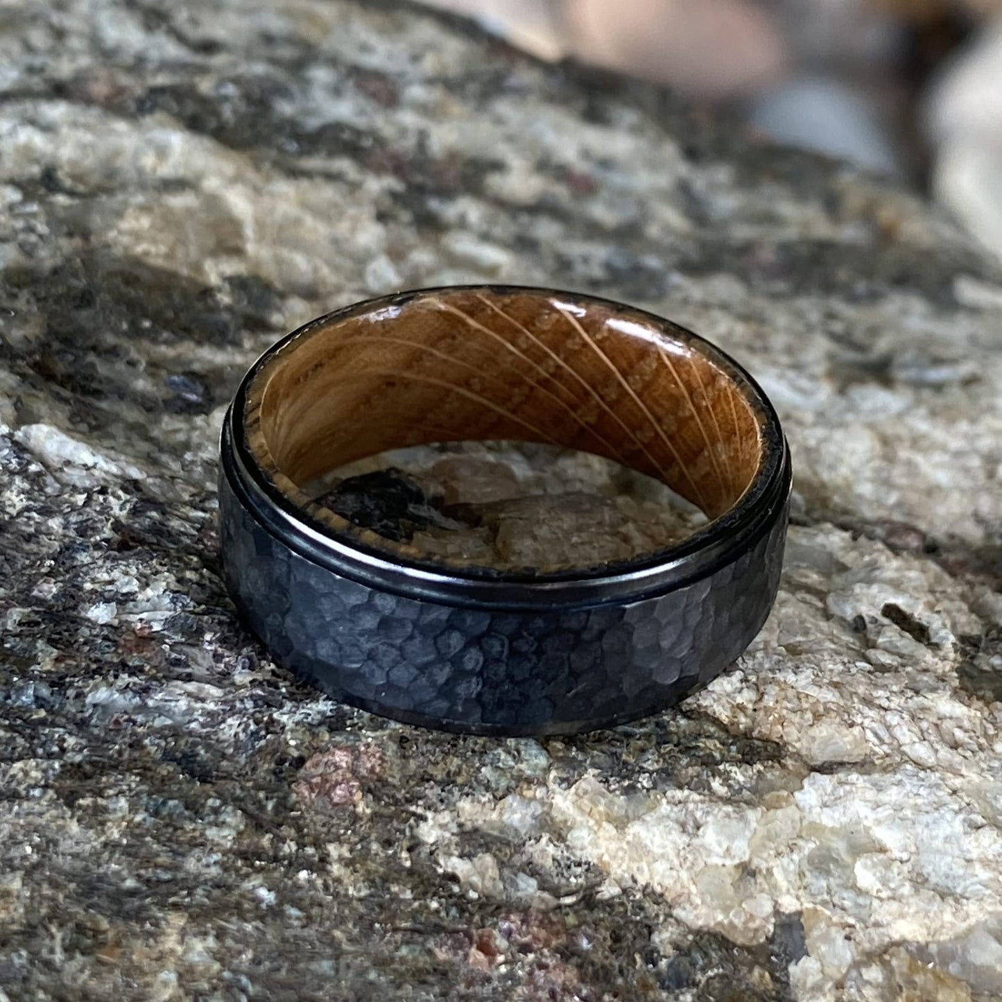 Whiskey Barrel and Treebark Black Titanium Wedding Ring