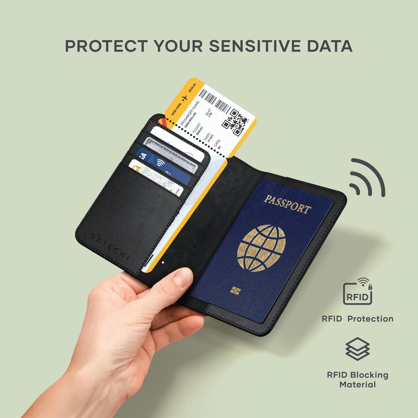 Passport holder with passport, cards, and tickets on a light green background with text 'Protect Your Sensitive Data'.