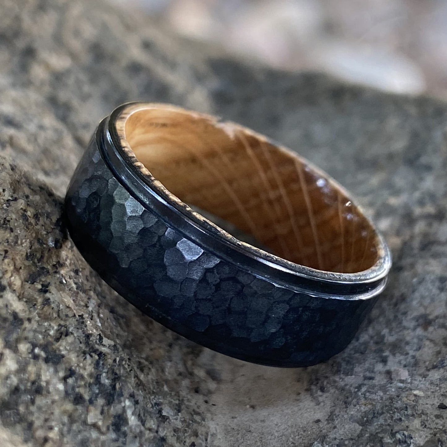 Whiskey Barrel and Treebark Black Titanium Wedding Ring