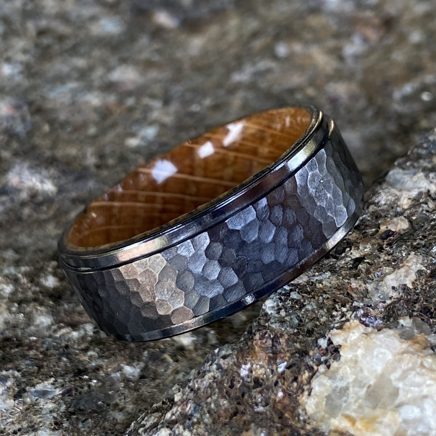 Whiskey Barrel and Treebark Black Titanium Wedding Ring