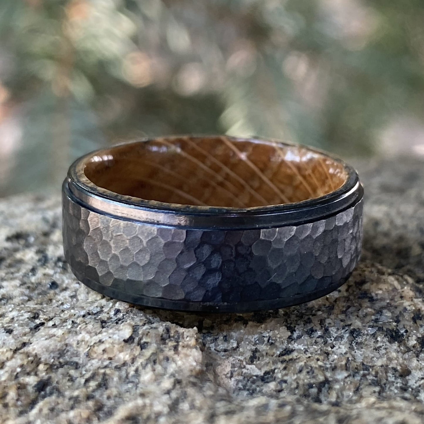 Whiskey Barrel and Treebark Black Titanium Wedding Ring
