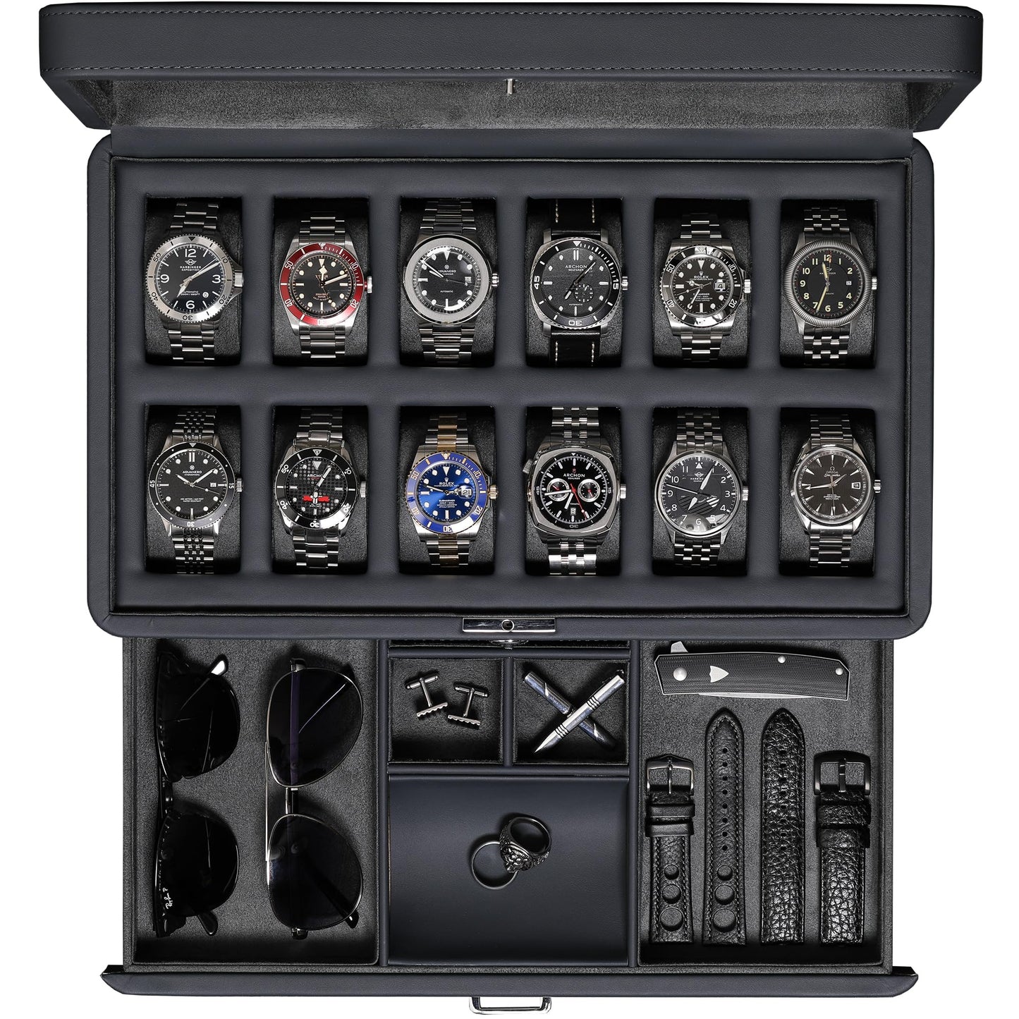 ROTHWELL Luxury Watch Box for 12 Watches – PU Leather Watch Box with Real Glass Lid – Slide out Accessory Drawer with Multiple Compartments (Carbon)