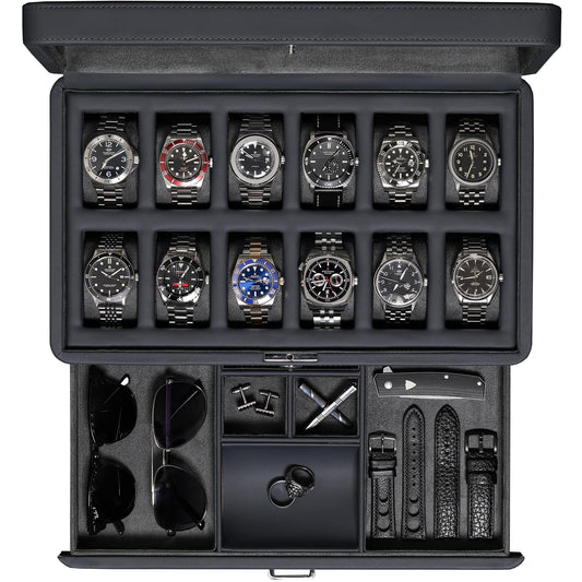 ROTHWELL Luxury Watch Box for 12 Watches – PU Leather Watch Box with Real Glass Lid – Slide out Accessory Drawer with Multiple Compartments (Carbon)