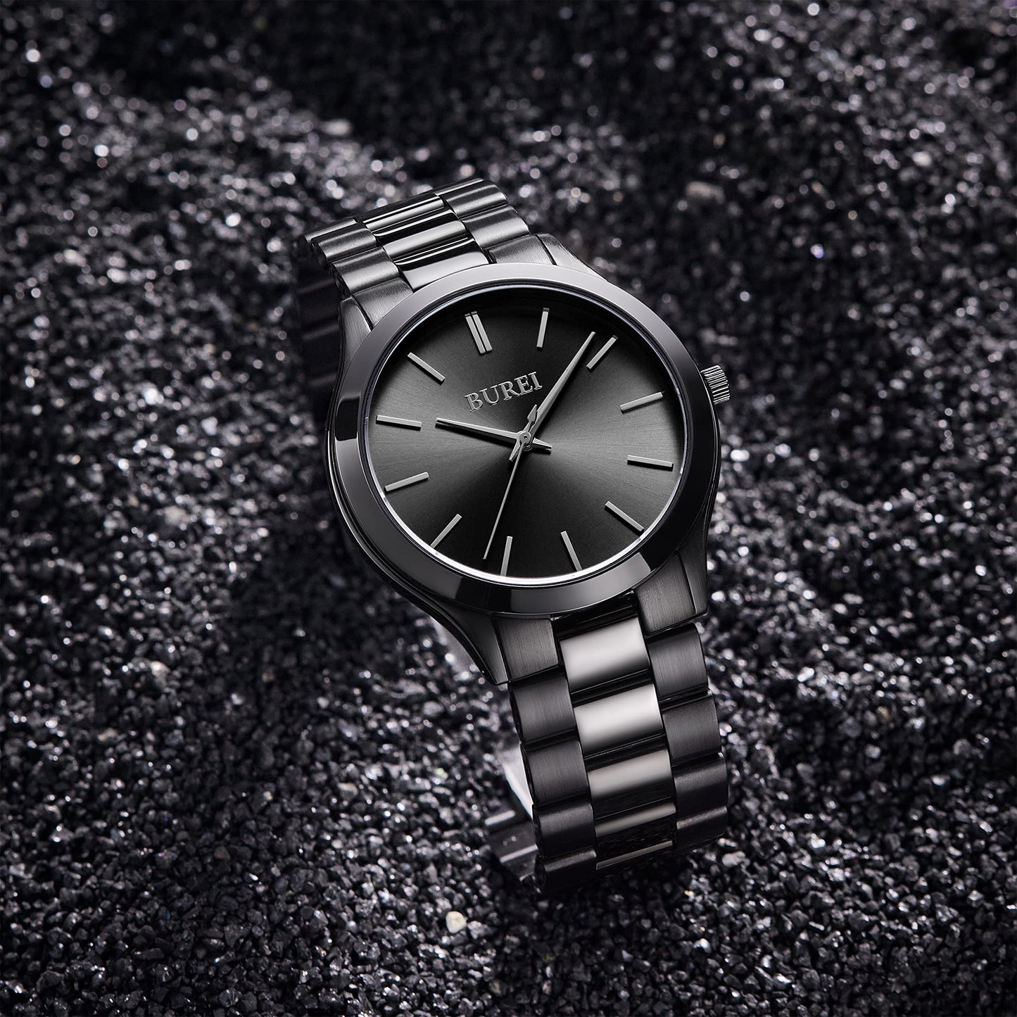 BUREI Men Watches All Black Fashion Business Stainless Steel Analog Quartz Waterproof Watches for Mens,Gifts for Men (All Black)