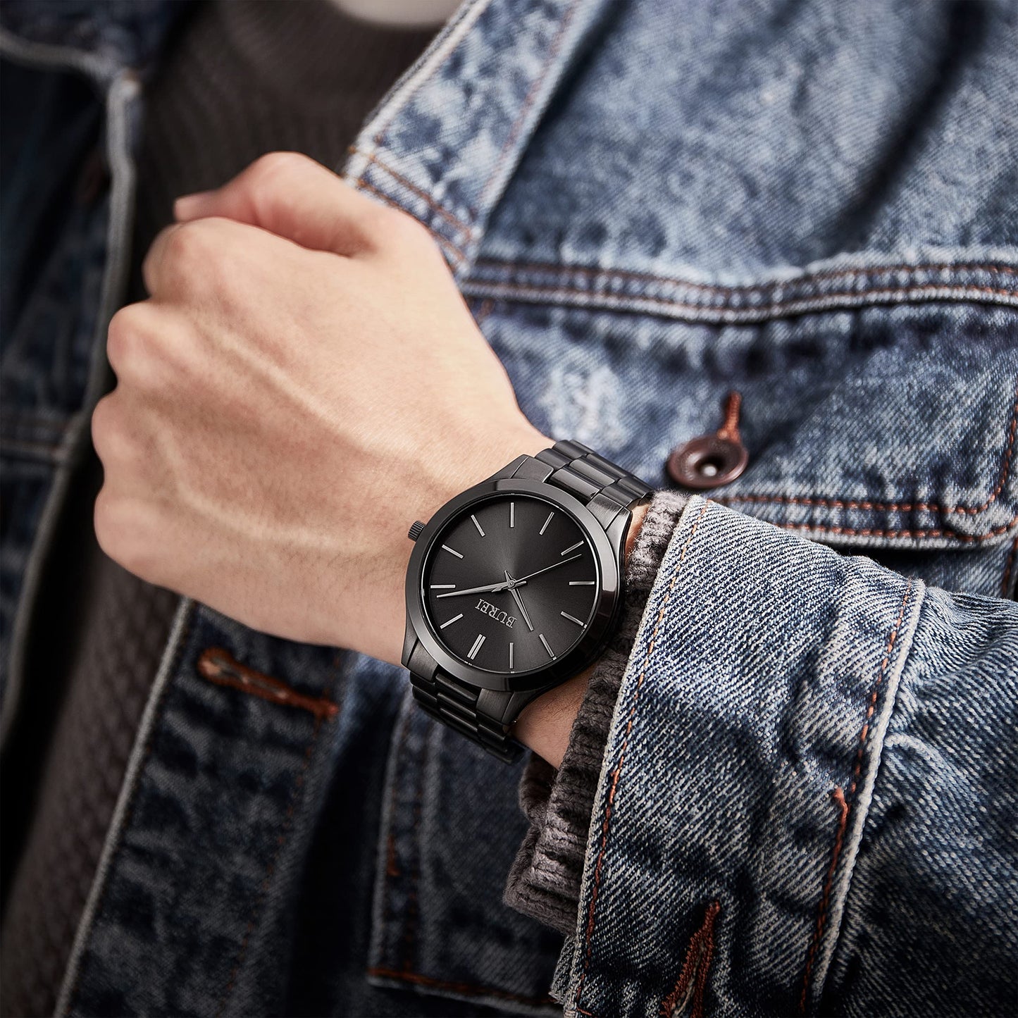 BUREI Men Watches All Black Fashion Business Stainless Steel Analog Quartz Waterproof Watches for Mens,Gifts for Men (All Black)