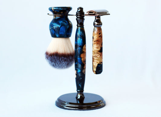 Buckeye Burl Shave Set – Handmade Safety Razor, 26mm Synthetic Shaving Brush & Stand – Blue Resin Wet Shaving Kit – Luxury Men’s Grooming Gift