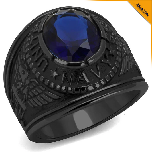 Badged - United States Navy Black IP Ring - Men's Size 10
