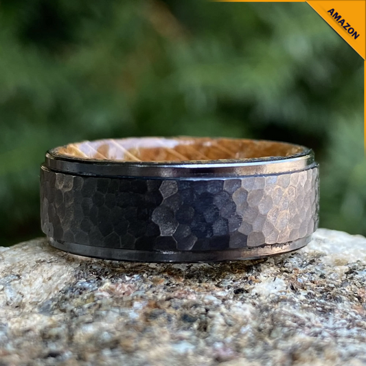 Badged - Whiskey Barrel and Treebark Black Titanium Wedding Ring